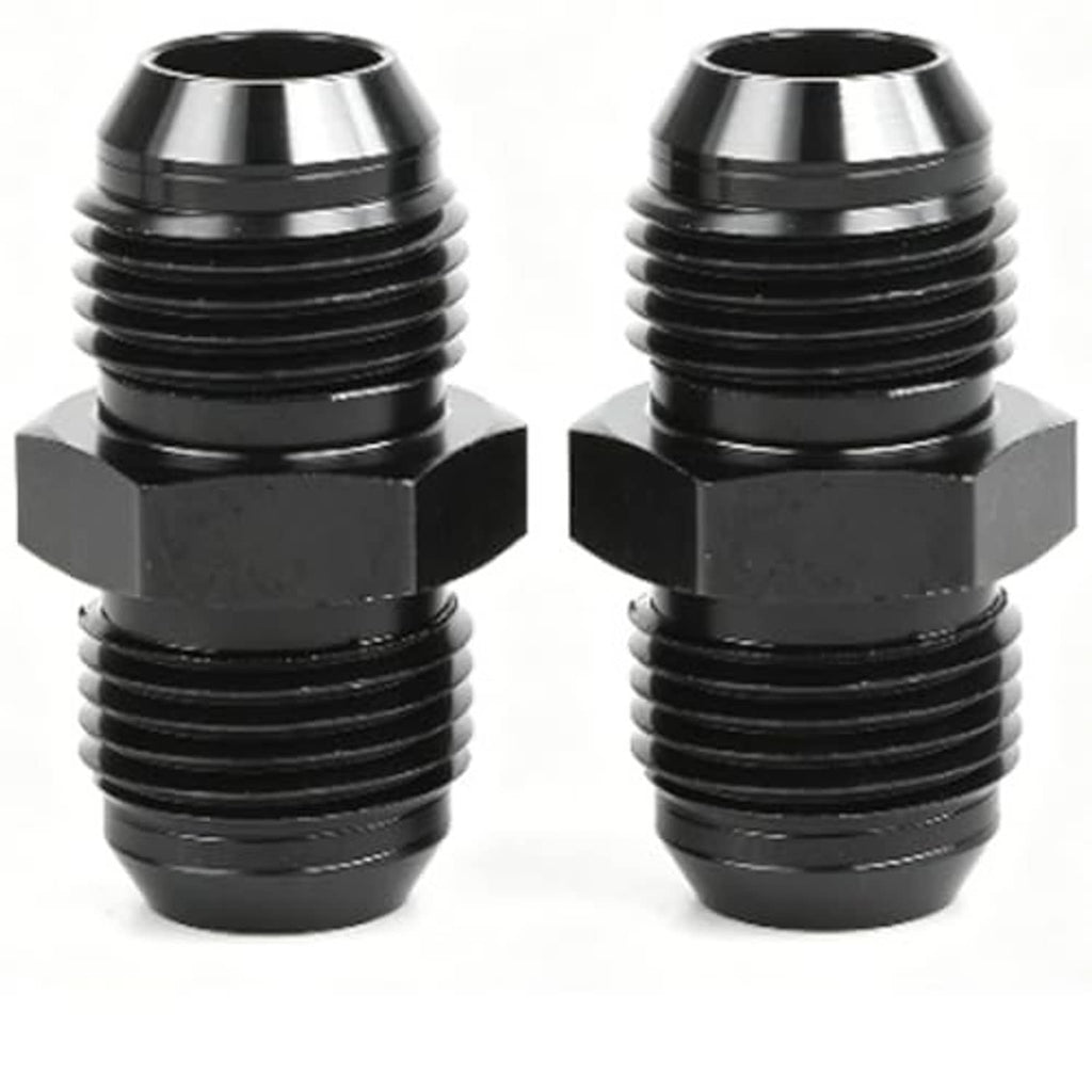 Two black AN8 to AN10 male flare couplers, hex bases with ridged threaded ends
