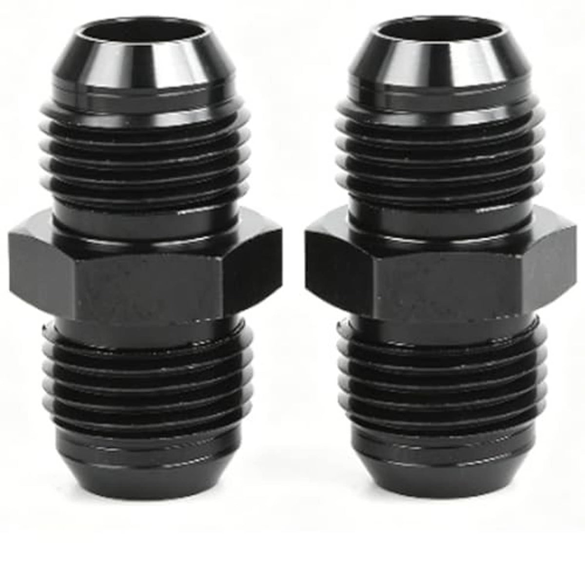 Two black AN8 to AN10 male flare couplers, hex bases with ridged threaded ends