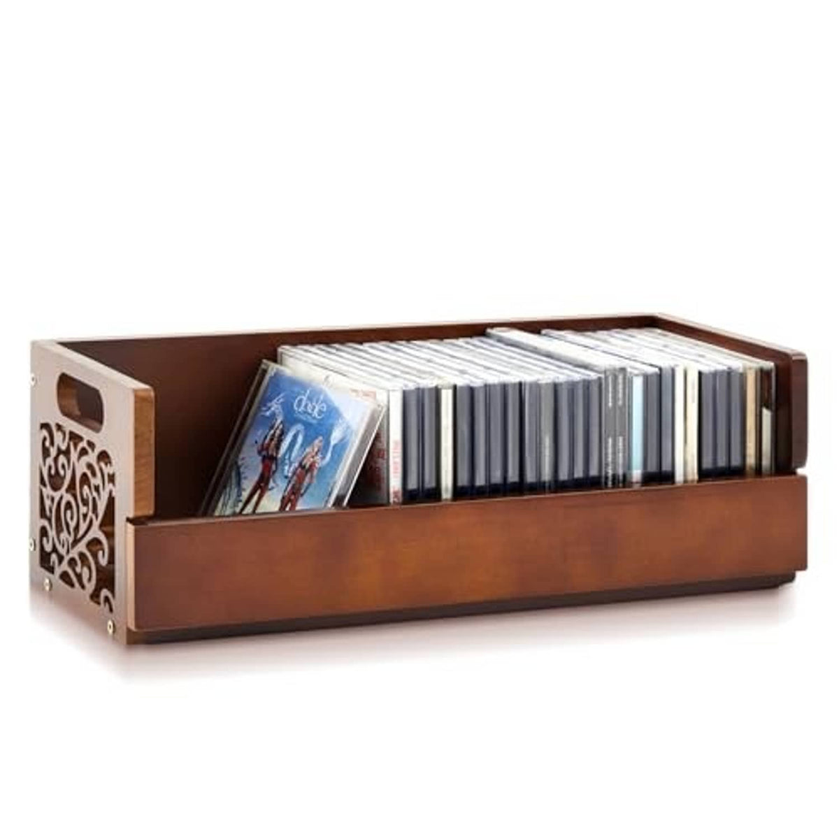 Brown wooden CD storage rack with side cutout handles and open front tray, CDs inside