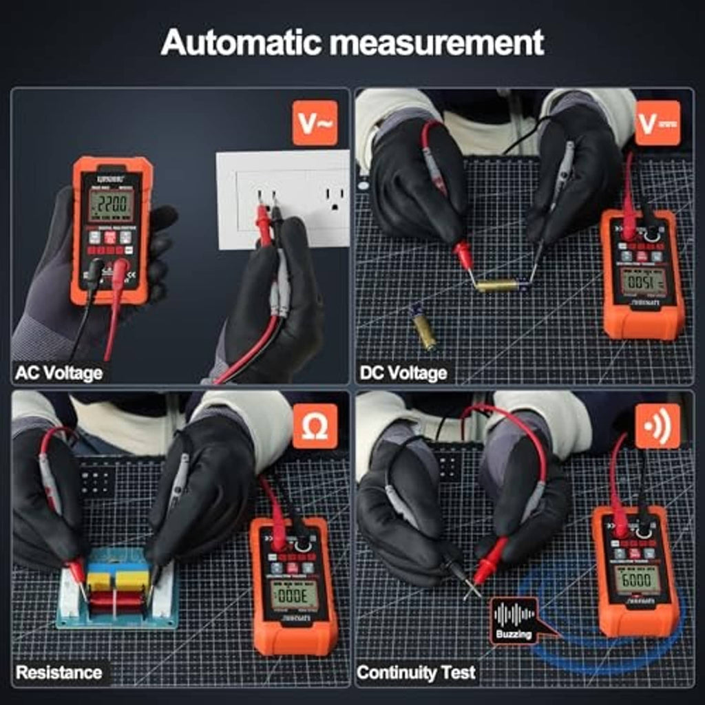 Orange digital multimeter displaying test modes with red and black probes