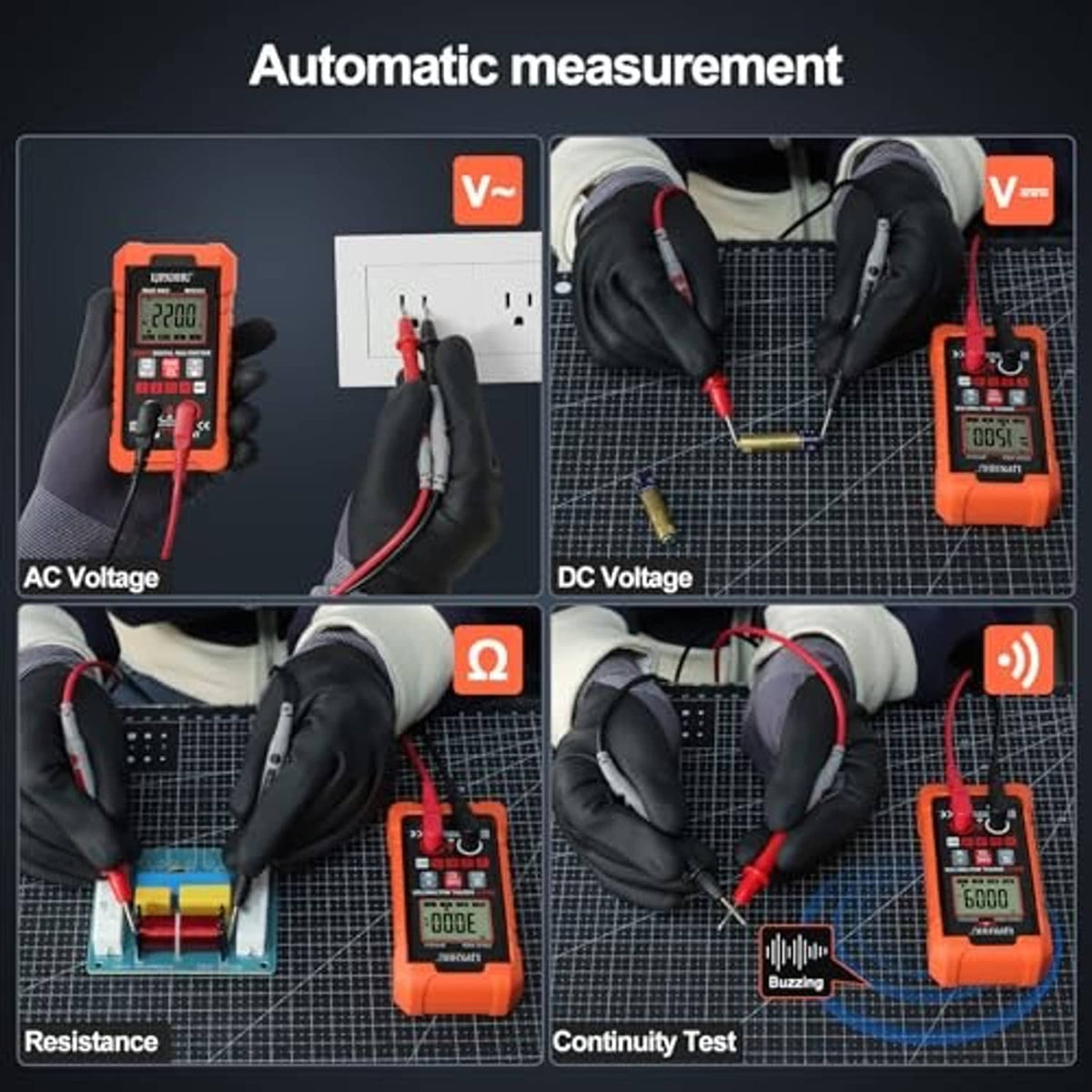Orange digital multimeter displaying test modes with red and black probes