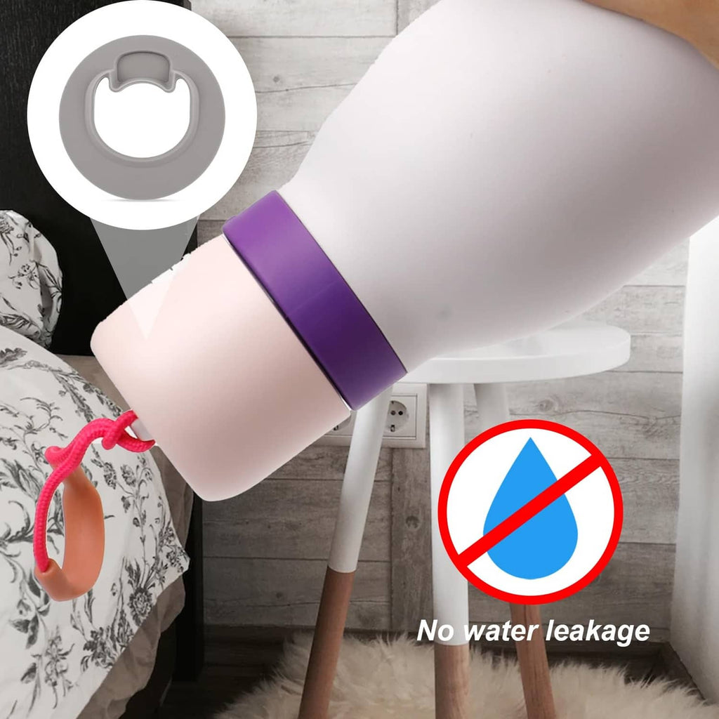 Gray stopper installed on bottle with no-leak water droplet icon and strap