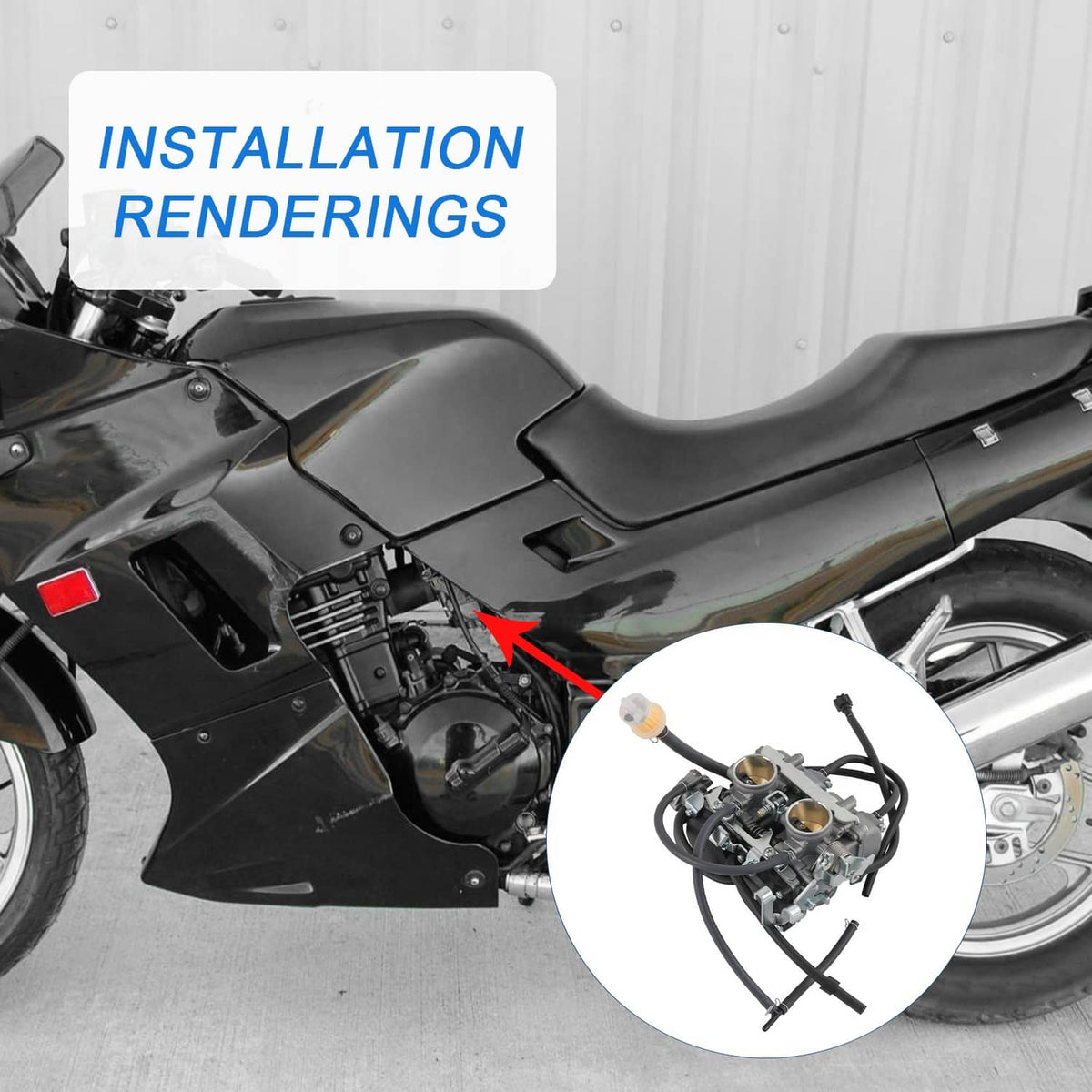 Motorcycle carburetor installation view with attached hoses and throttle cable