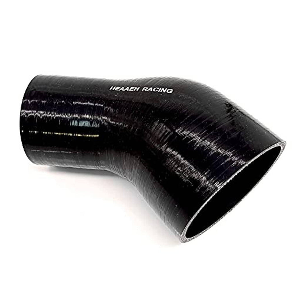 Black silicone elbow reducer hose with textured reinforcement stripes and “HEEAH RACING”