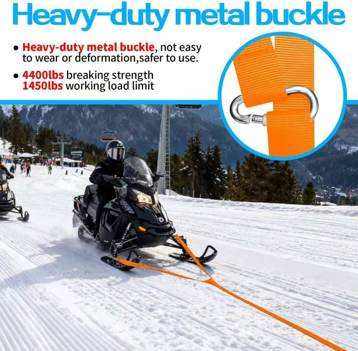 Orange tow strap with heavy-duty metal buckle and two-point carabiner, for snowmobile towing