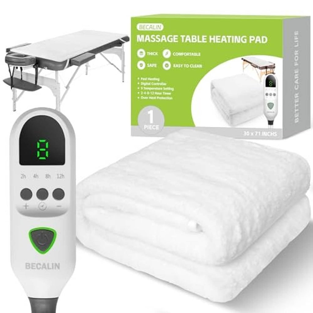 White heating pad on massage table with handheld controller and digital display