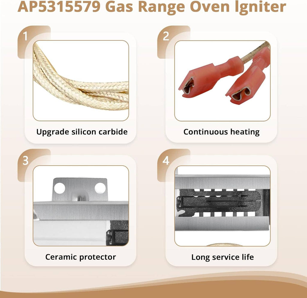 Gas range oven igniter kit with braided wires, red terminals, and ceramic protector piece