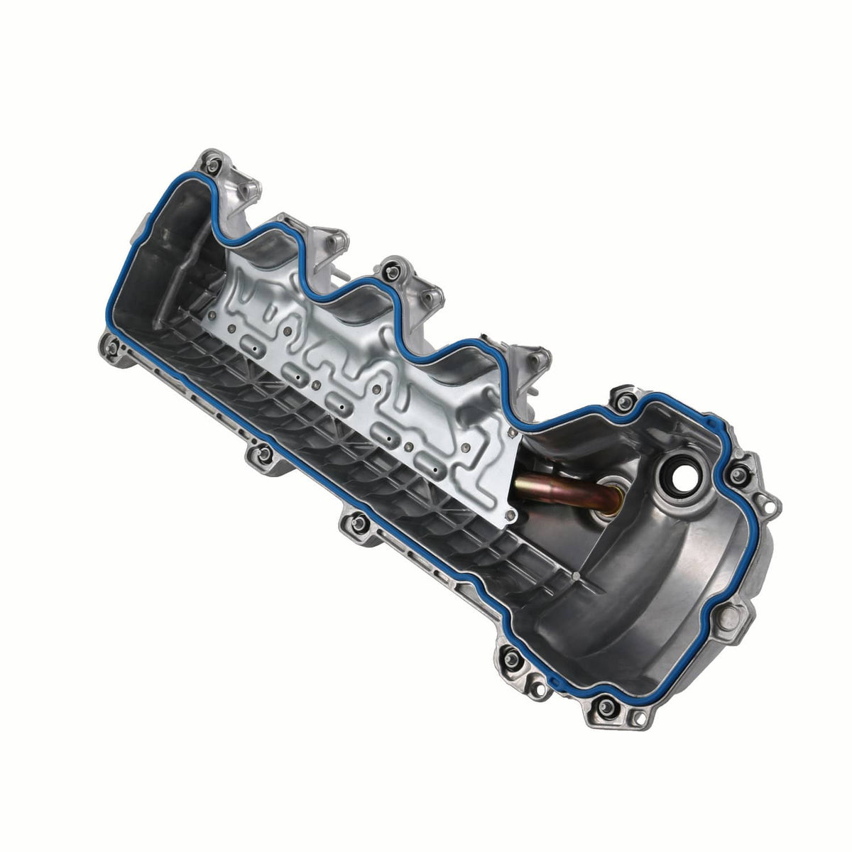 Engine valve cover with blue gasket outline and internal channeling, side view