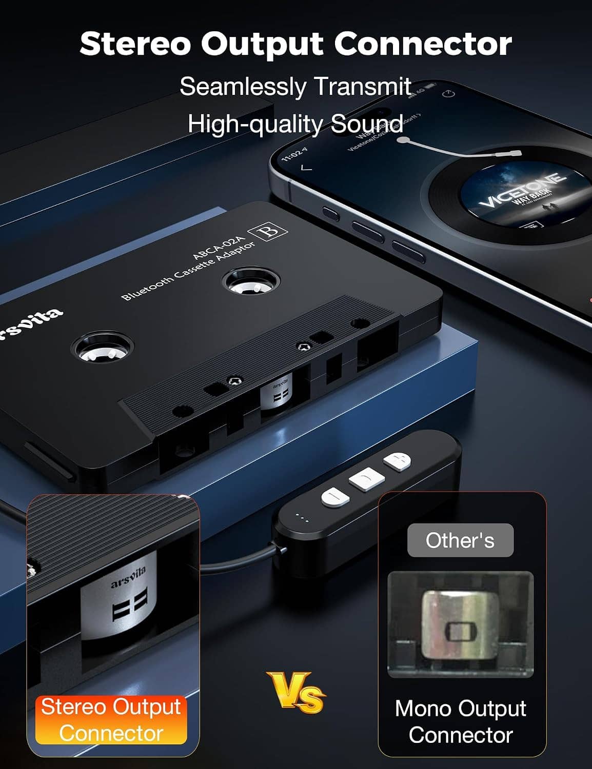 Black Bluetooth cassette adapter with stereo output connector and audio ports