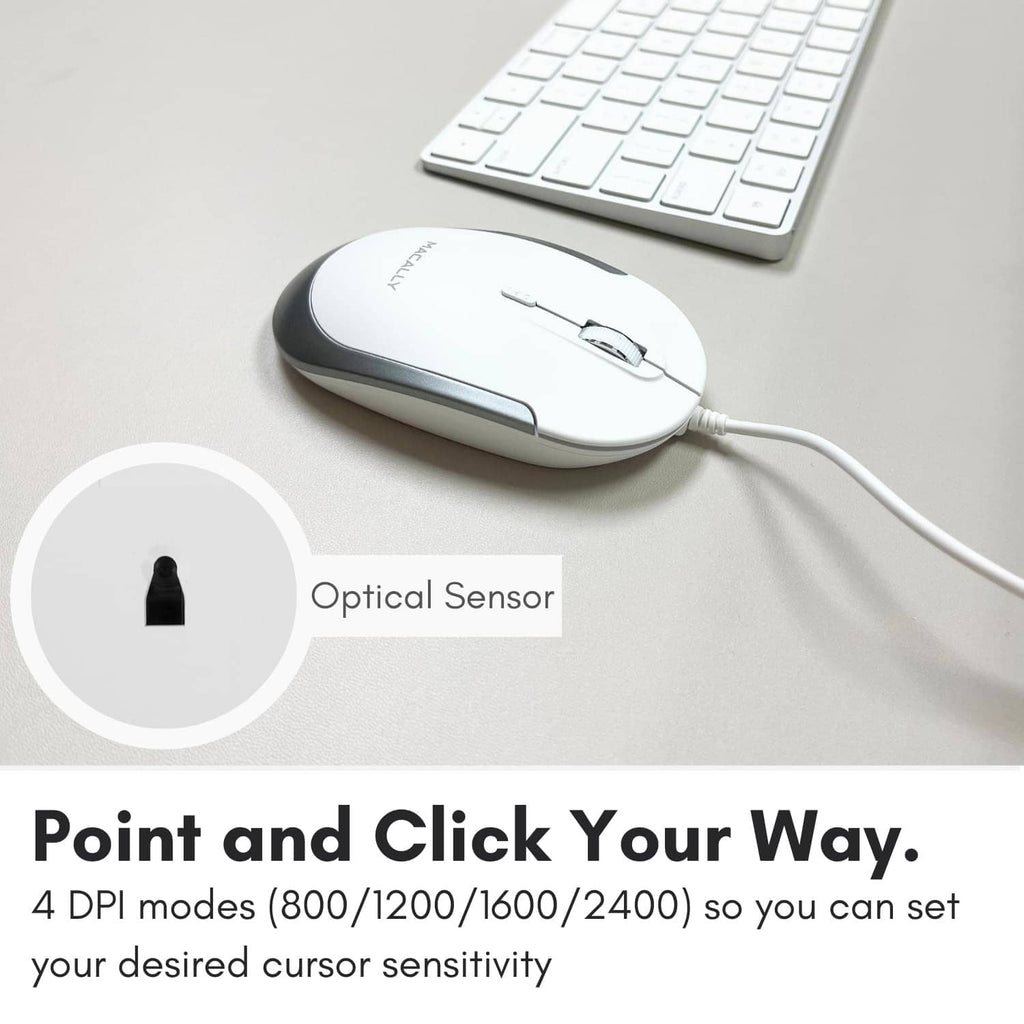 White and gray wired computer mouse with optical sensor area and connected cable