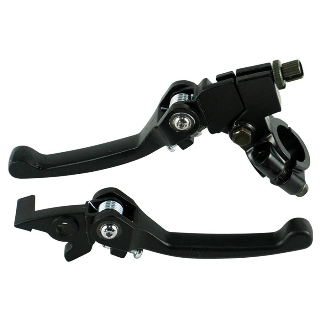 Black brake and clutch lever pair with adjustable pivot and handlebar clamp