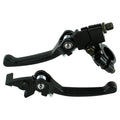 Black brake and clutch lever pair with adjustable pivot and handlebar clamp