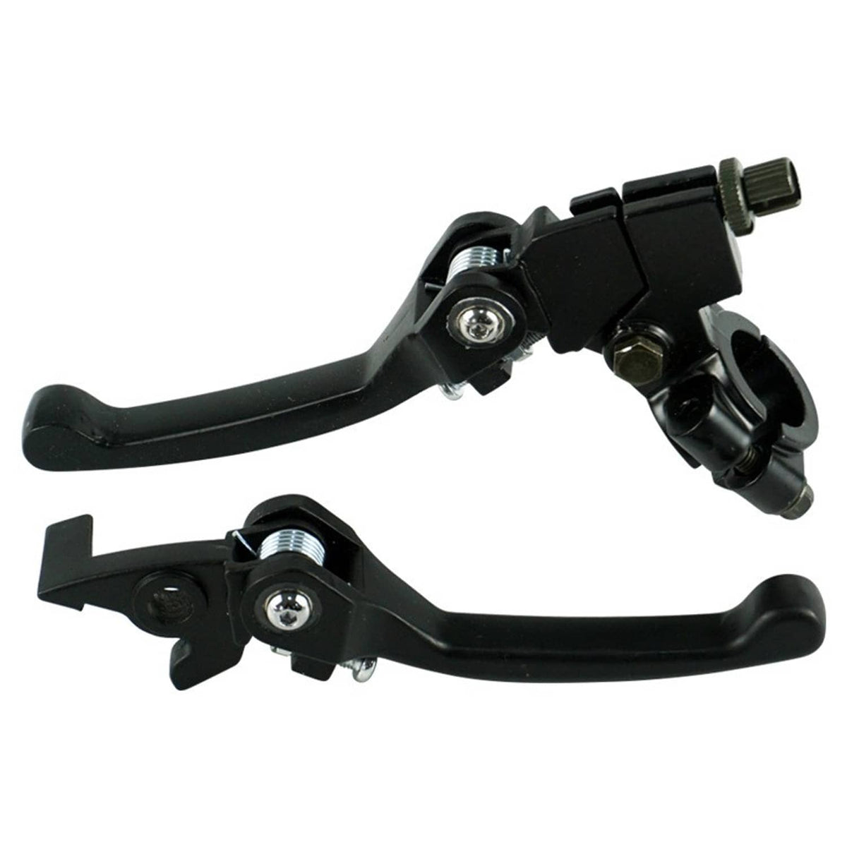 Black brake and clutch lever pair with adjustable pivot and handlebar clamp