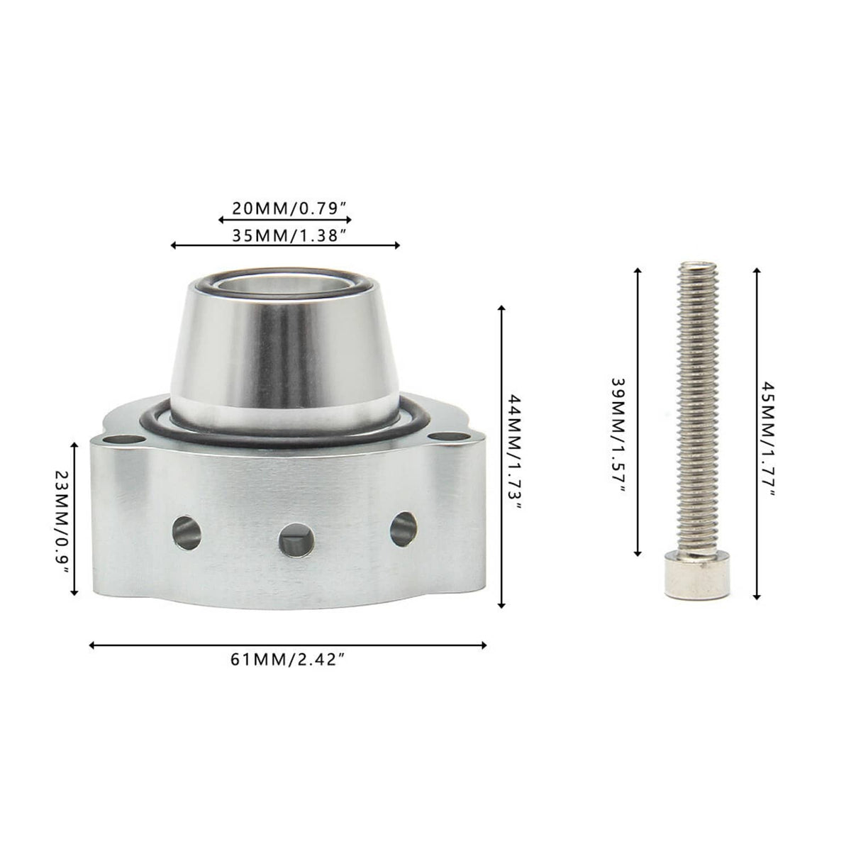 Blow-off valve spacer with stud bolts, shown with size measurements