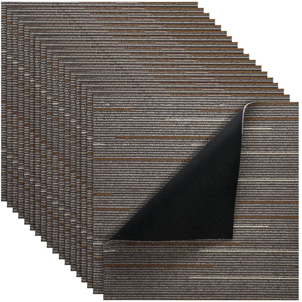 Brown modular carpet tiles with low-profile textured stripe pattern, soft padded feel