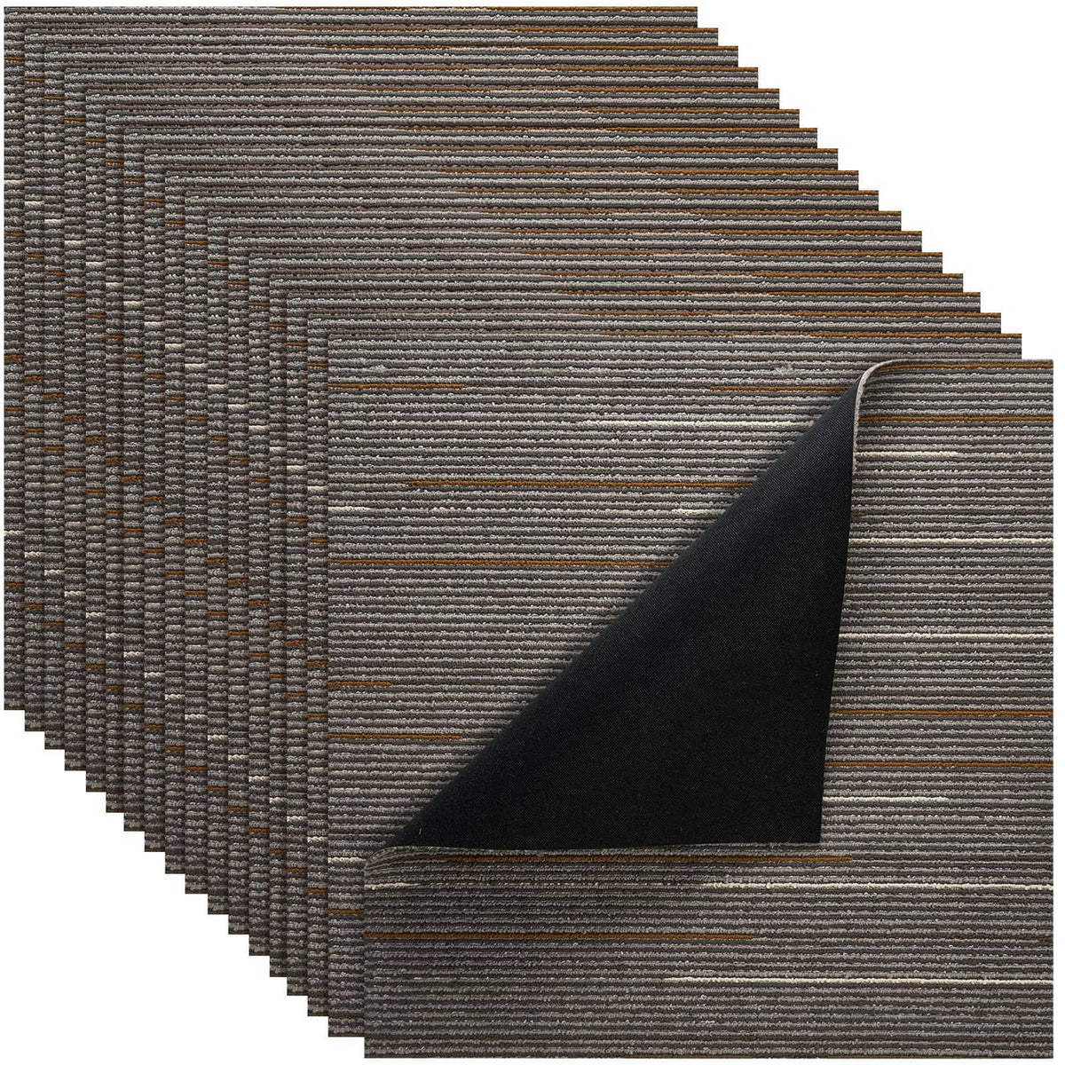 Brown modular carpet tiles with low-profile textured stripe pattern, soft padded feel