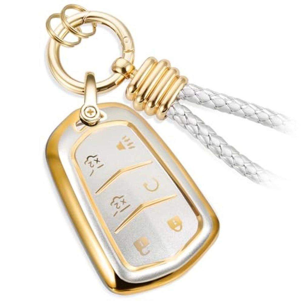 Gold matte key fob cover with button icons window and braided keychain strap