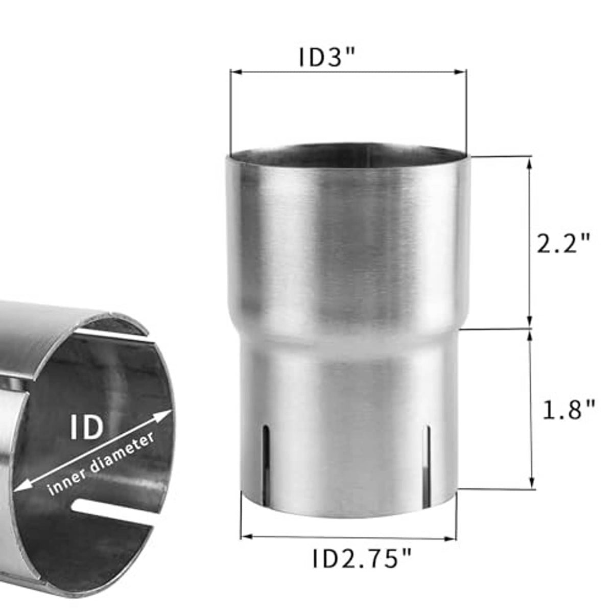 2.75-inch cylindrical exhaust coupler adapter with open flared ends and slots