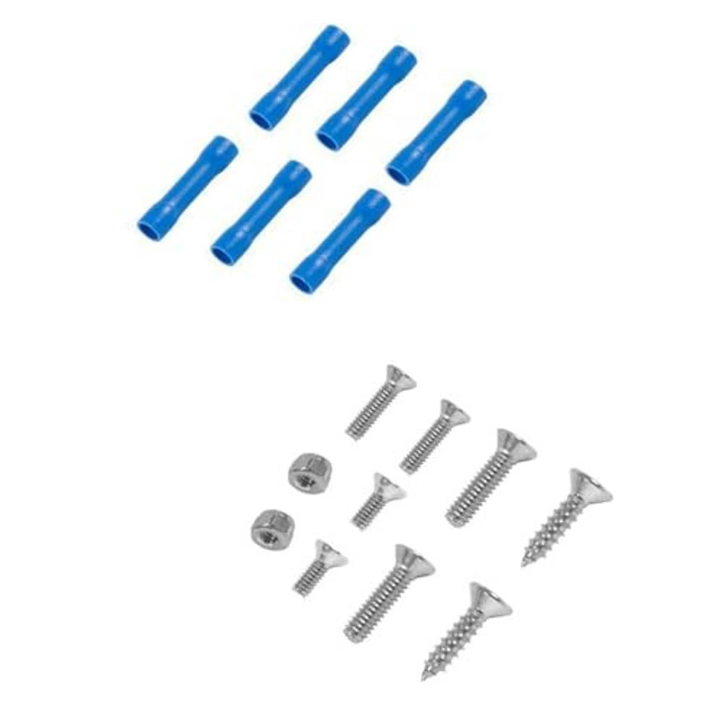 Accessory set with blue wire connectors and assorted silver mounting screws
