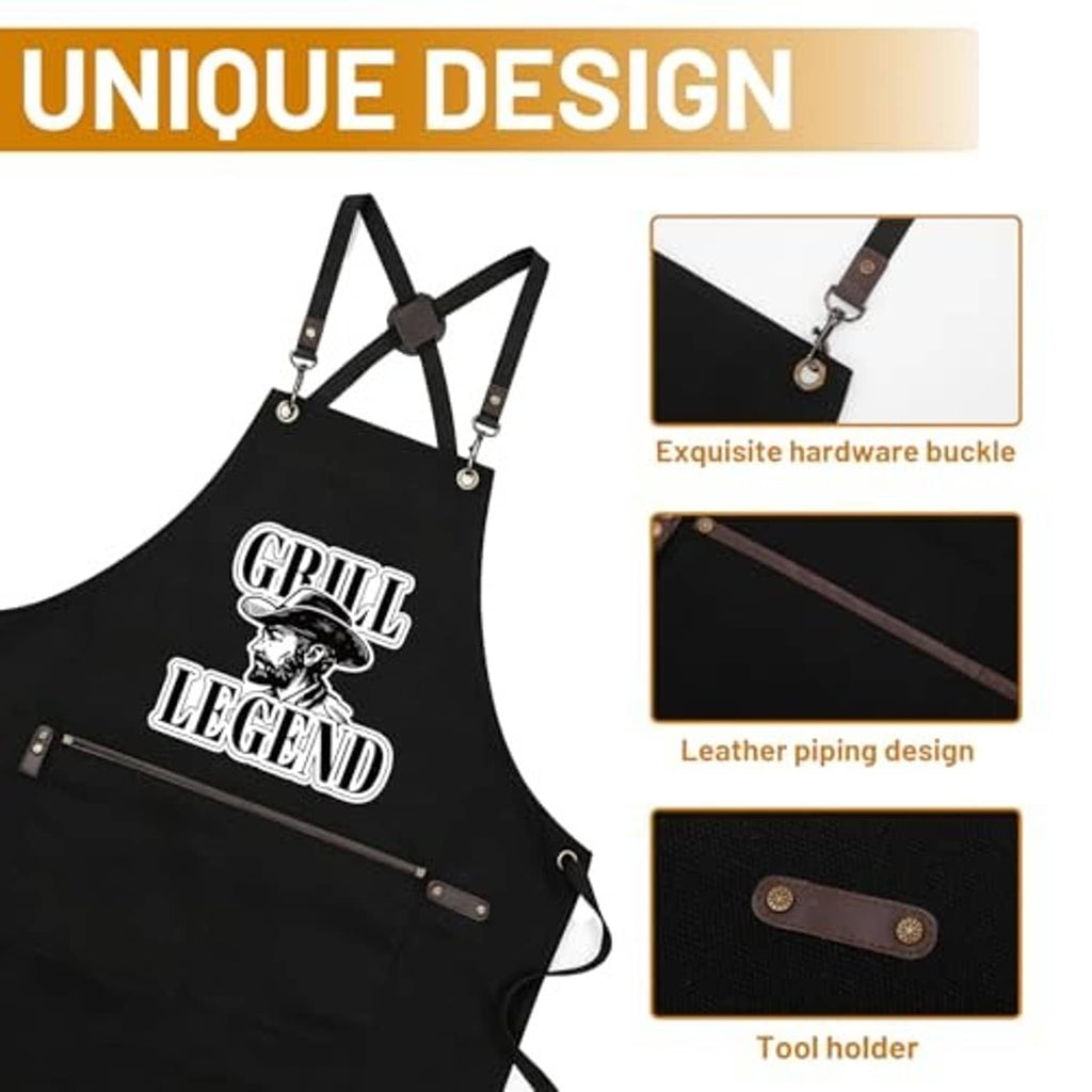 Black Grill Legend apron with adjustable buckles, leather-look piping, and tool holder.