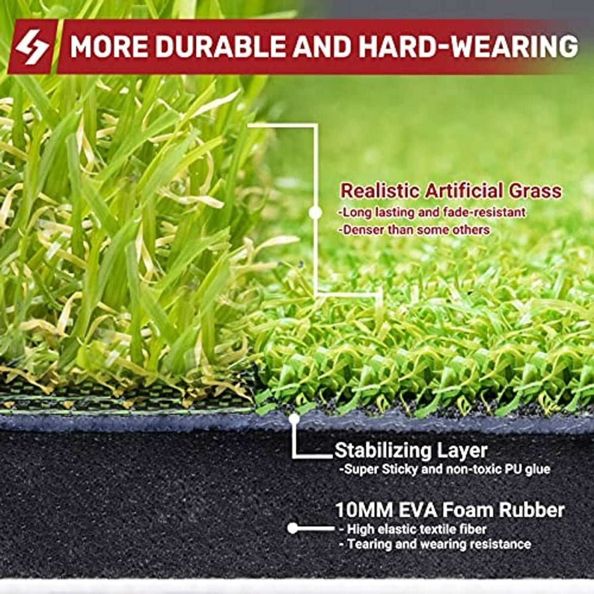 Layered artificial grass golf mat showing foam and stabilizing base