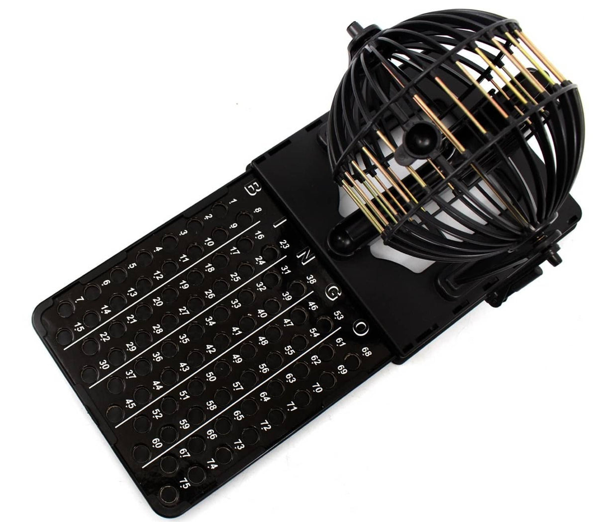 Black bingo cage machine with numbered dial panel and cage unit