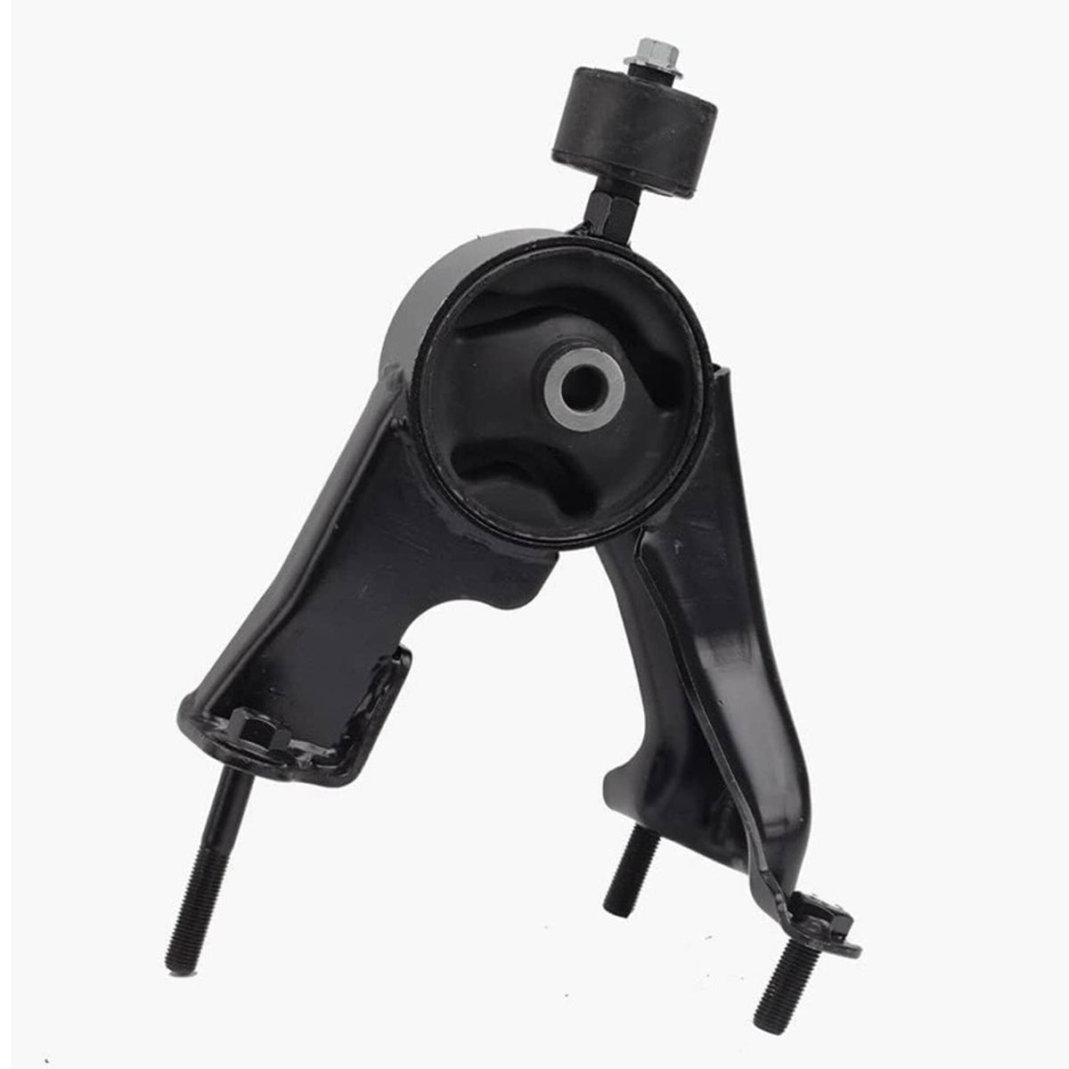 Black three-leg transmission mount with circular bushing and mounting stud