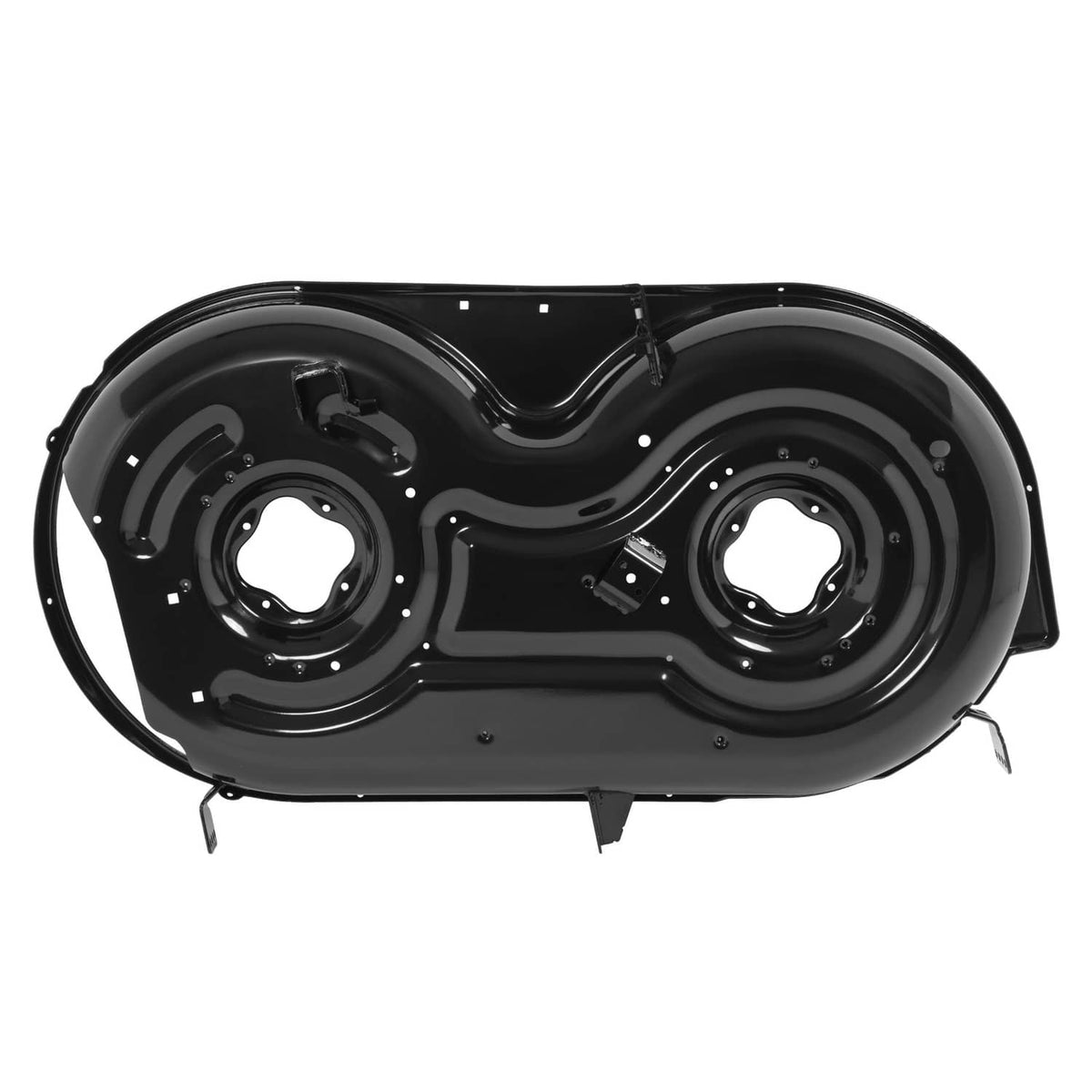 42" mower cutting deck underside view with two spindle openings and metal reinforcement