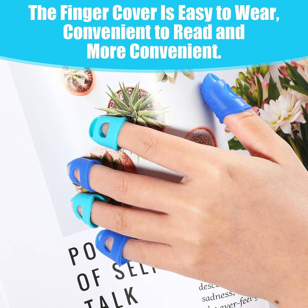 Hands wearing blue silicone fingertip protectors while reading paper