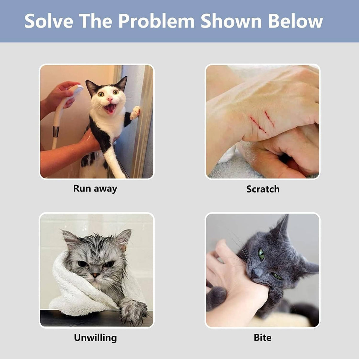 Instruction graphic showing cat grooming scenarios with scratching and biting photos