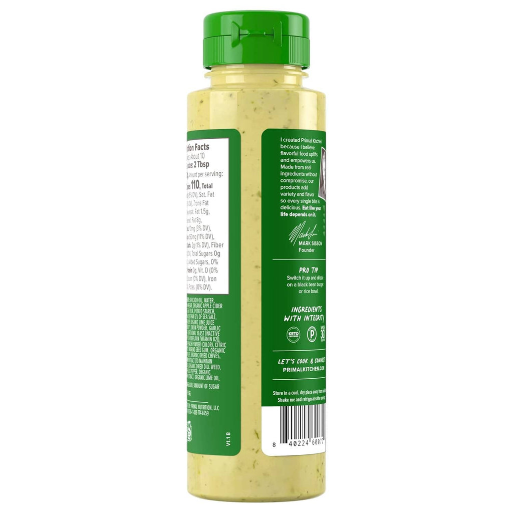 Primal Kitchen dipping sauce bottle with side label and nutrition facts