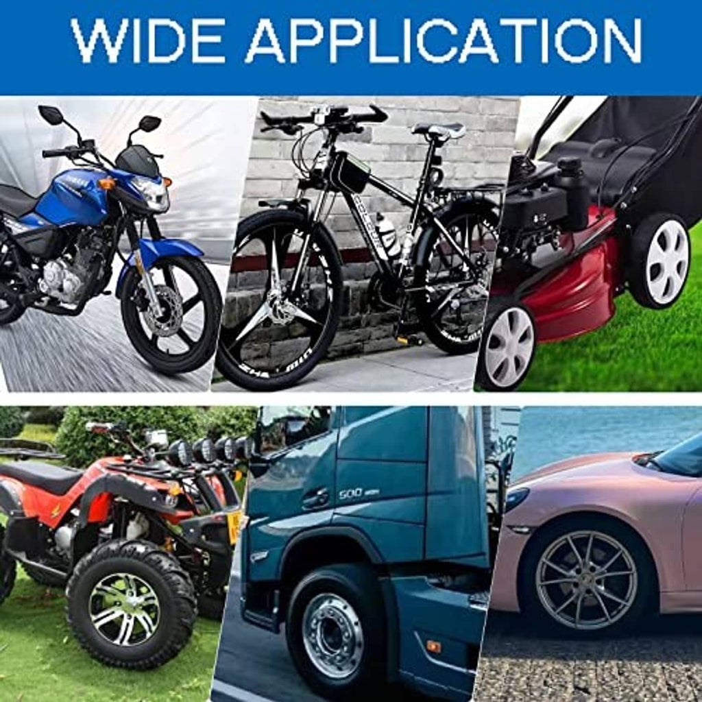 Tire changing accessories shown for use on motorcycles, bikes, cars, and trucks