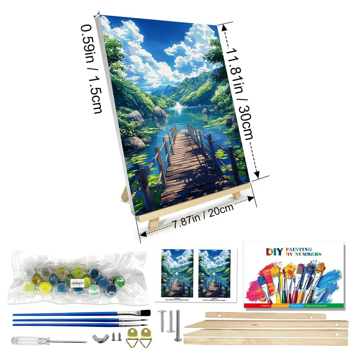 Paint-by-numbers landscape canvas with numbered guide sheet, brushes, and paint set