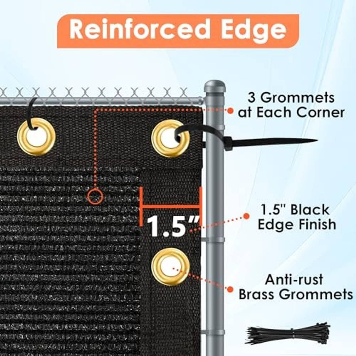 Black privacy fence screen with reinforced edge and brass anti-rust grommets