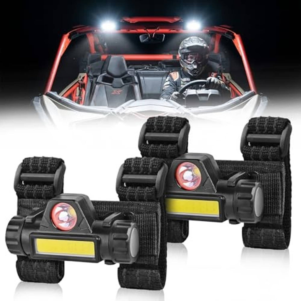 Black UTV cage roof light set with four LED units and rugged strap mounts.
