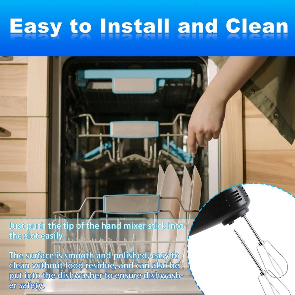 Stainless steel hand mixer beaters with wire whisk heads and snap-in mixing stems