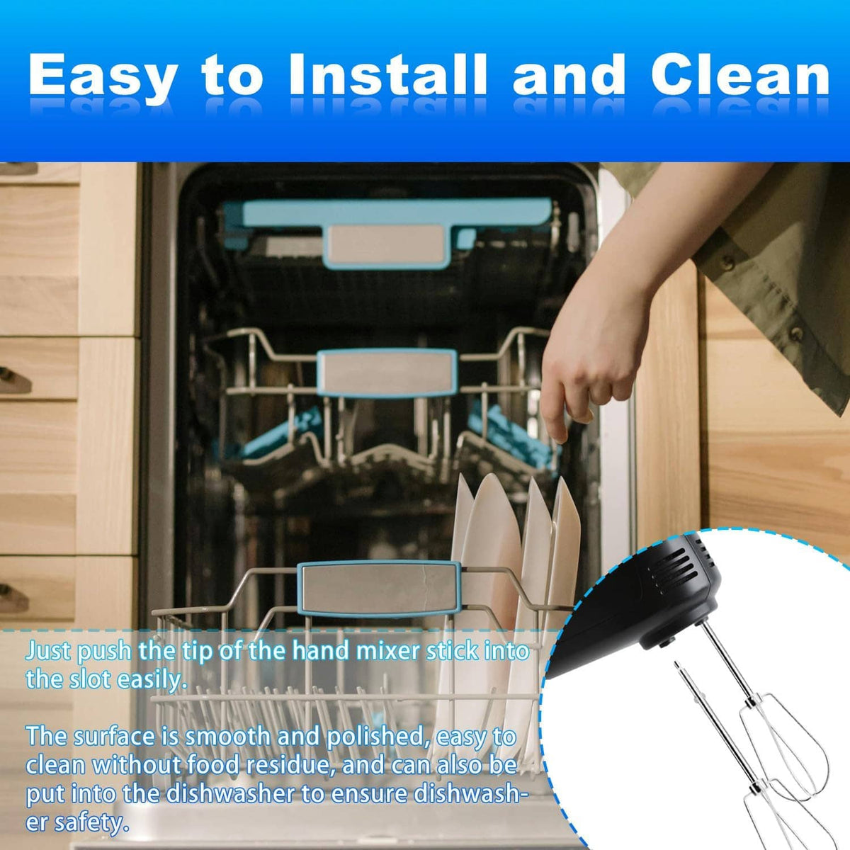Stainless steel hand mixer beaters with wire whisk heads and snap-in mixing stems