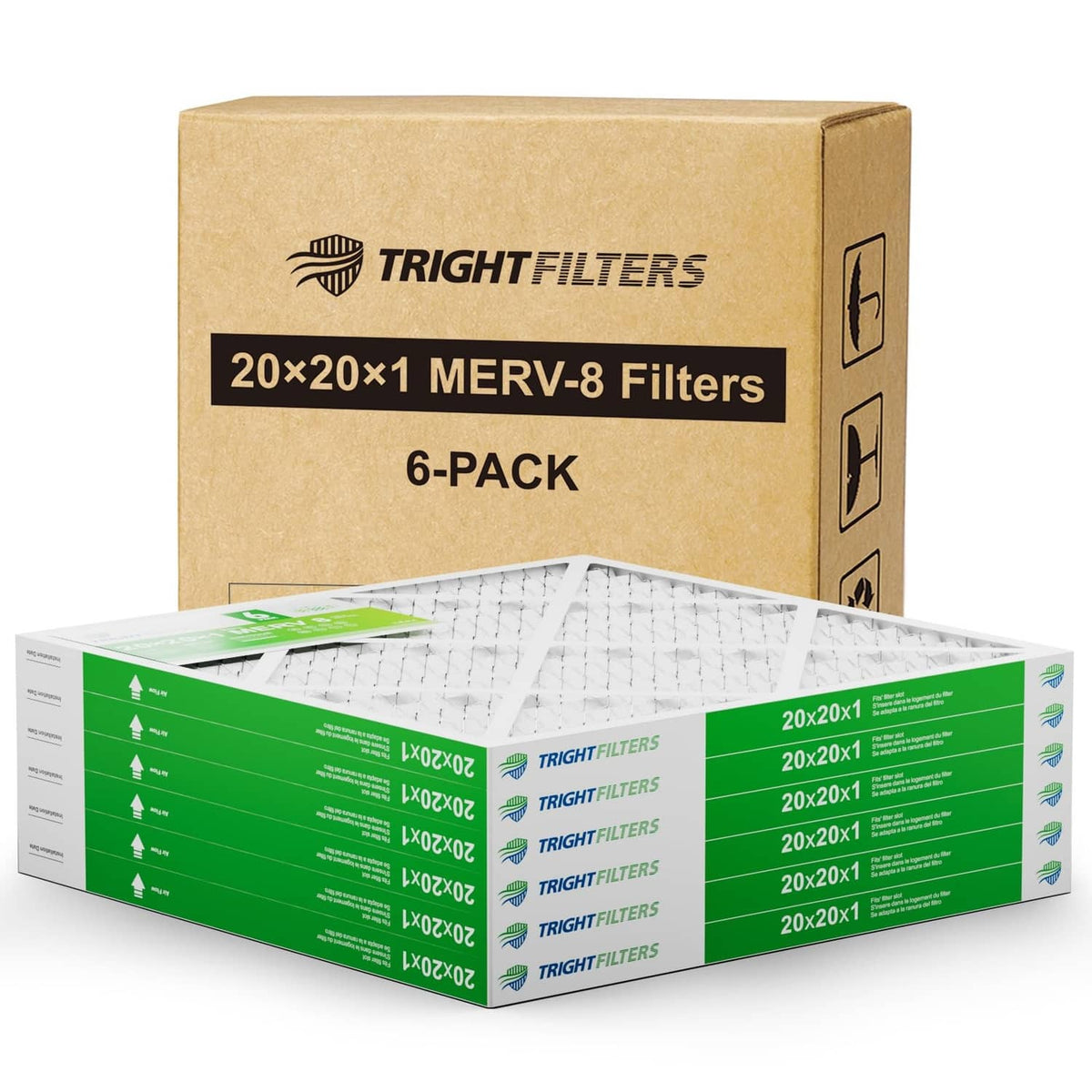 Cardboard box and stack of pleated air filter panels, 6-pack, green labels