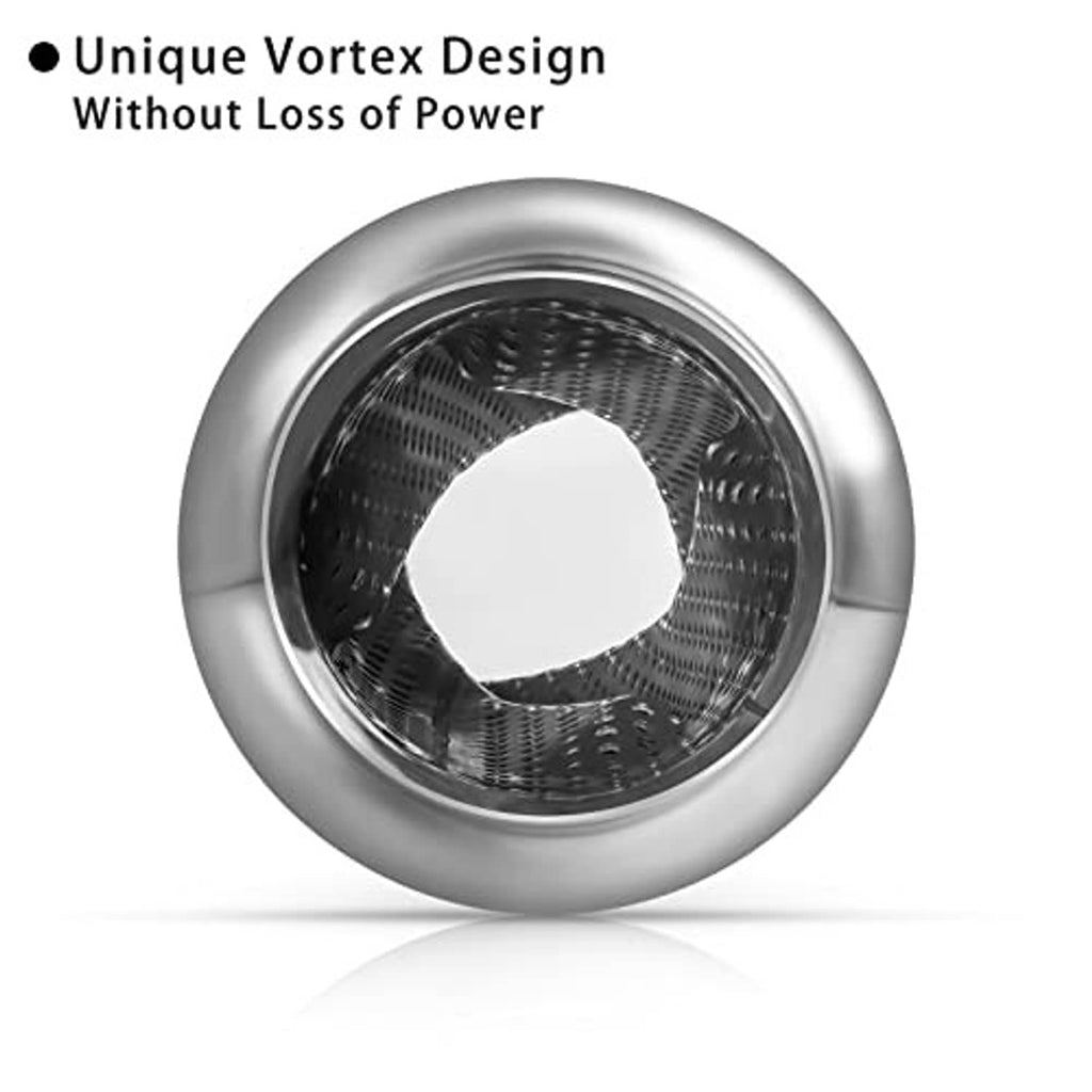Stainless steel muffler end view with circular perforated vortex core opening