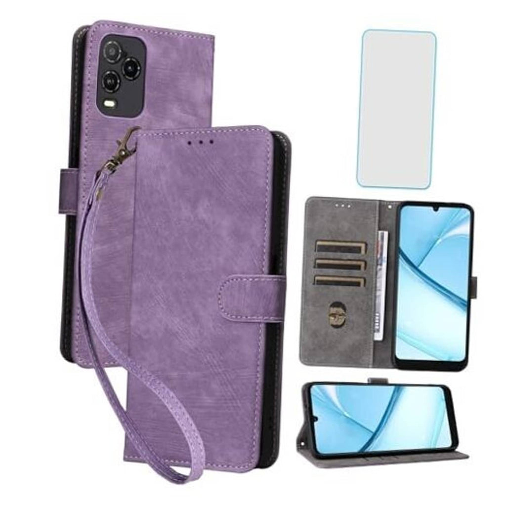 Purple wallet phone case with flip cover and built-in screen protector
