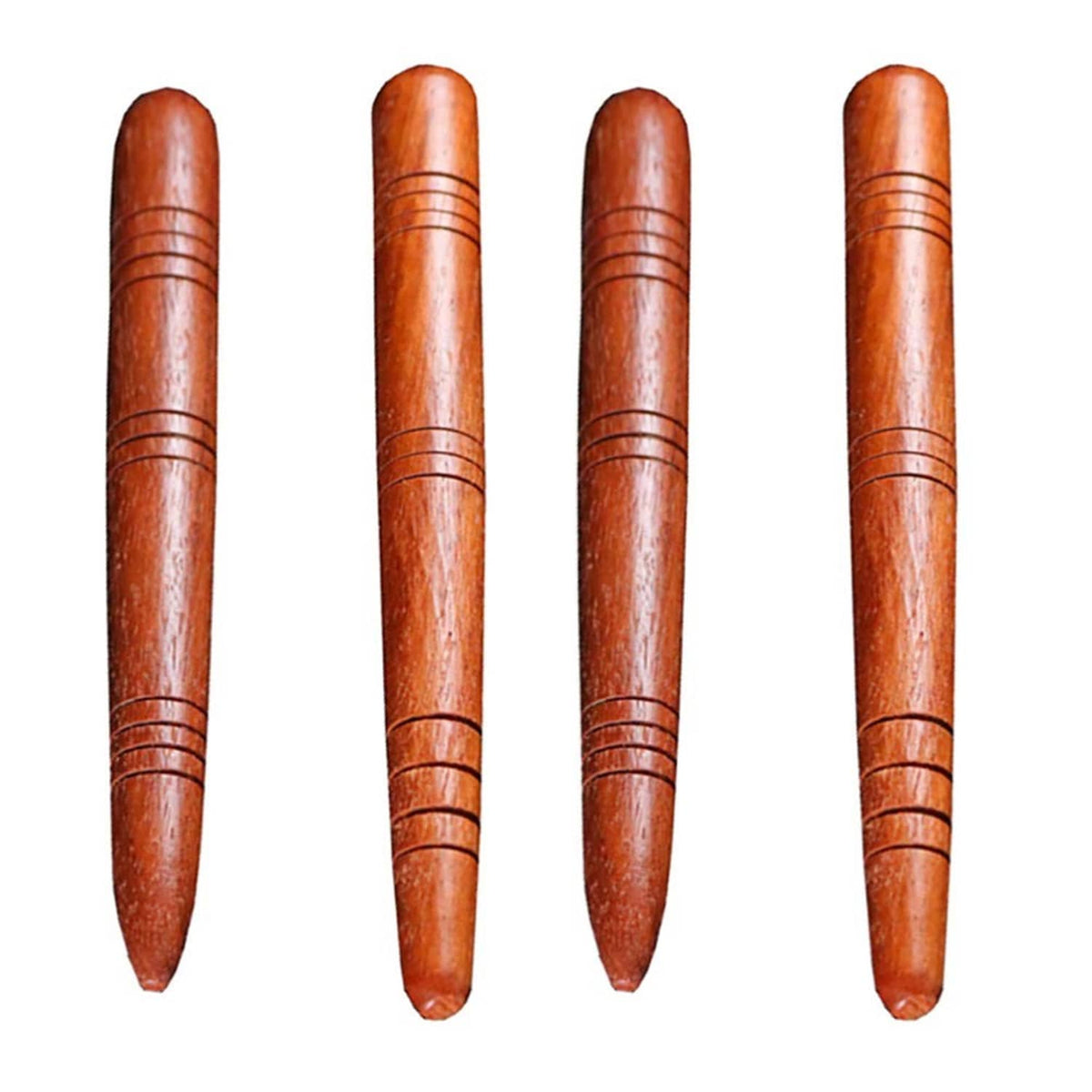 Four brown wooden acupressure massage pens with ridged grip bands and pointed tips