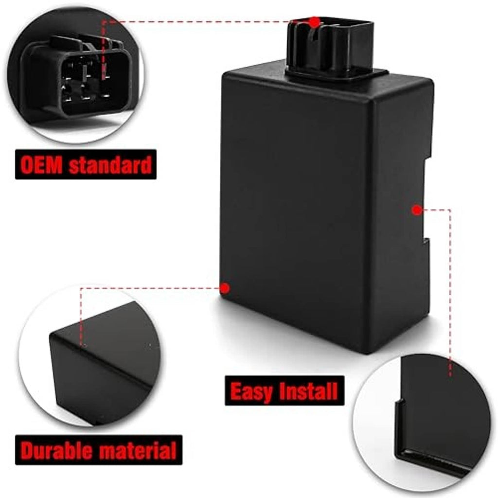 Black ignition CDI module box with top socket and side mounting details