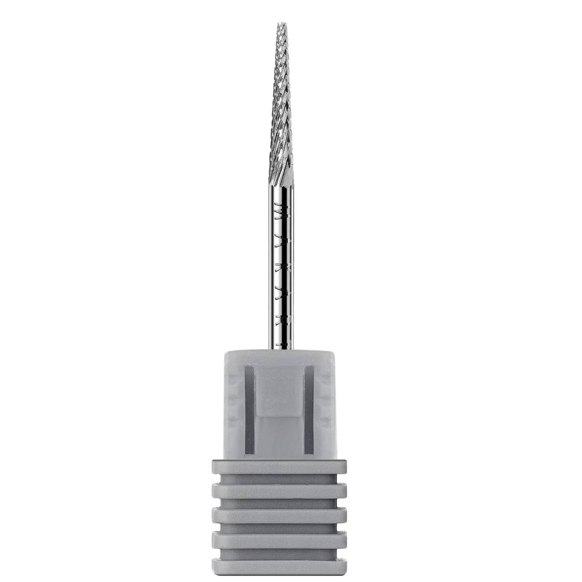 Carbide cuticle nail drill bit with gray safety collar and slender silver shaft