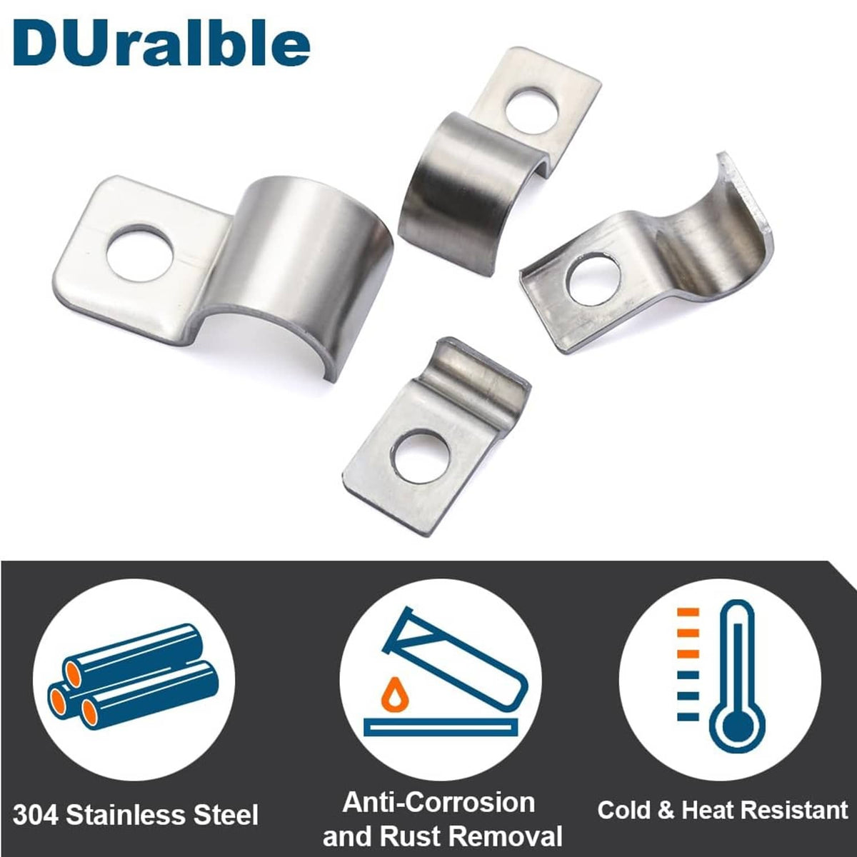 Multiple one-hole strap pipe clamps, silver stainless steel look, round mounting holes