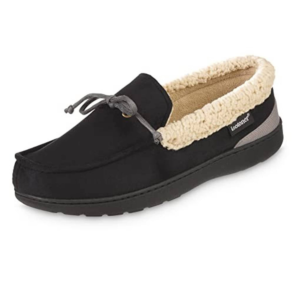 Black moccasin slippers with tan sherpa lining, lace tie detail, and cushioned sole