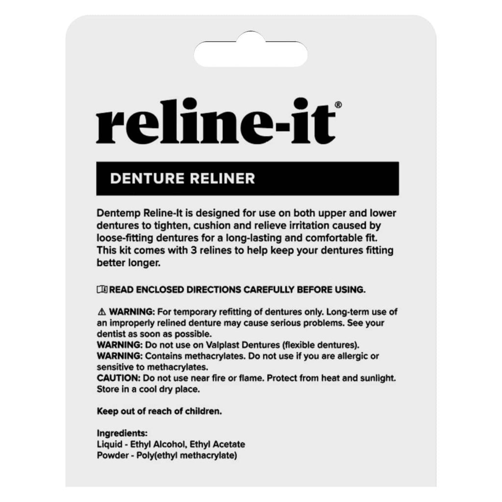Dentemp reline-it denture reliner box back panel with usage and ingredient information
