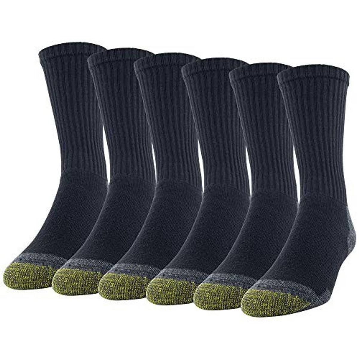 Men's crew athletic socks, dark black with olive-green toe/heel accents