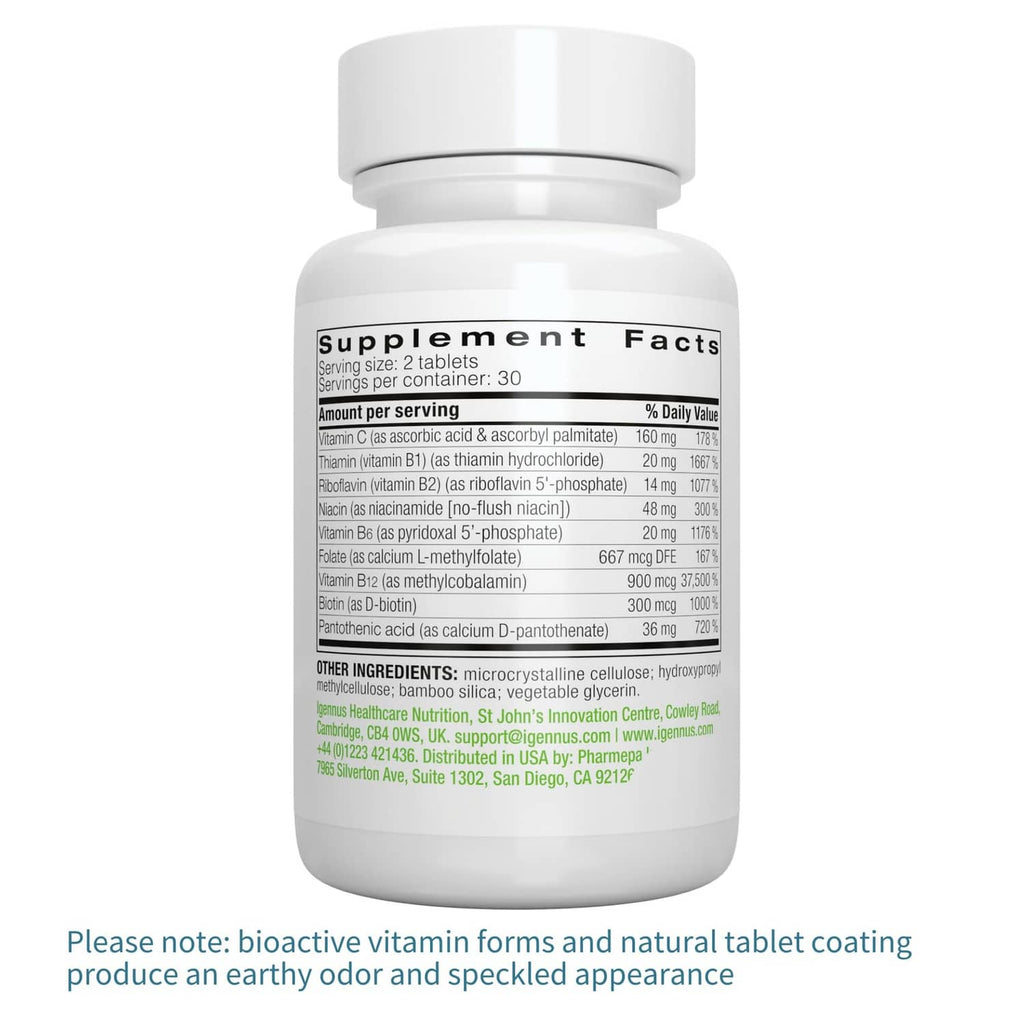 Back label of Igennus Super B-Complex supplement bottle with Supplement Facts