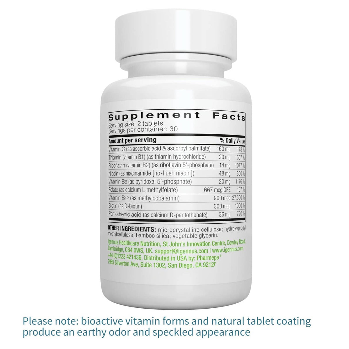 Back label of Igennus Super B-Complex supplement bottle with Supplement Facts