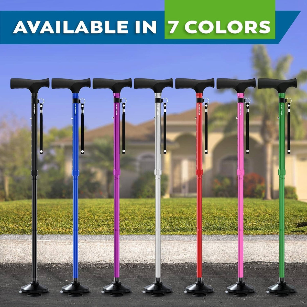 Set of foldable walking canes in multiple colors with quad support bases